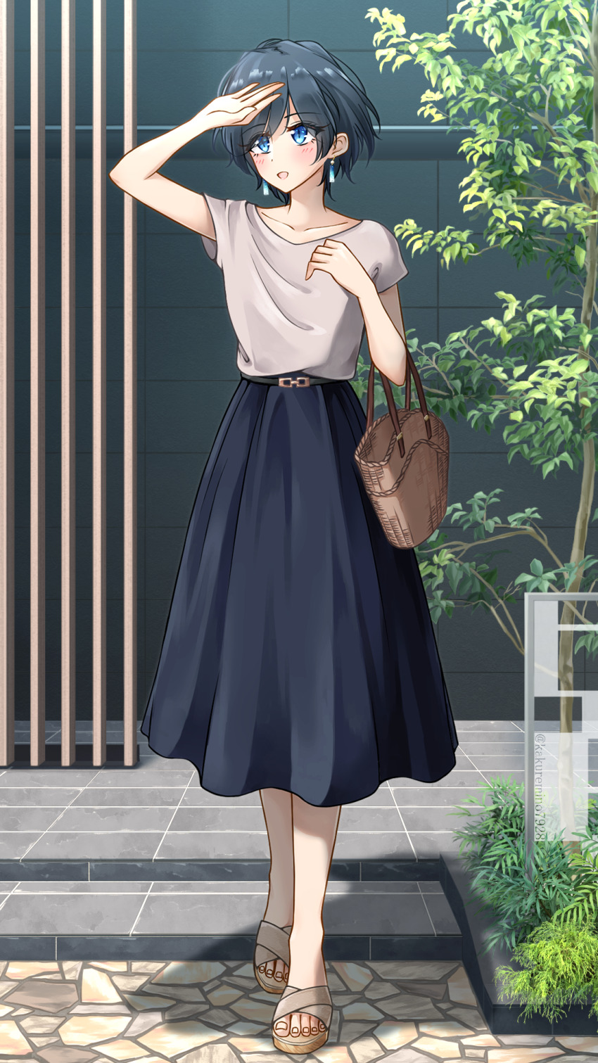 1girl arm_up bag bare_arms belt belt_buckle black_belt black_hair black_skirt blue_eyes blush brown_bag brown_sandals buckle carrying_bag collarbone commentary day earrings elbow_carry eyes_visible_through_hair fern full_body grey_shirt hand_up handbag highres jewelry kakuremino7928 looking_to_the_side medium_skirt no_socks open_mouth original outdoors palms sandals shading_eyes shadow shirt shirt_tucked_in short_hair short_sleeves skirt slit_pupils smile solo standing tile_floor tiles toenails tree twitter_username