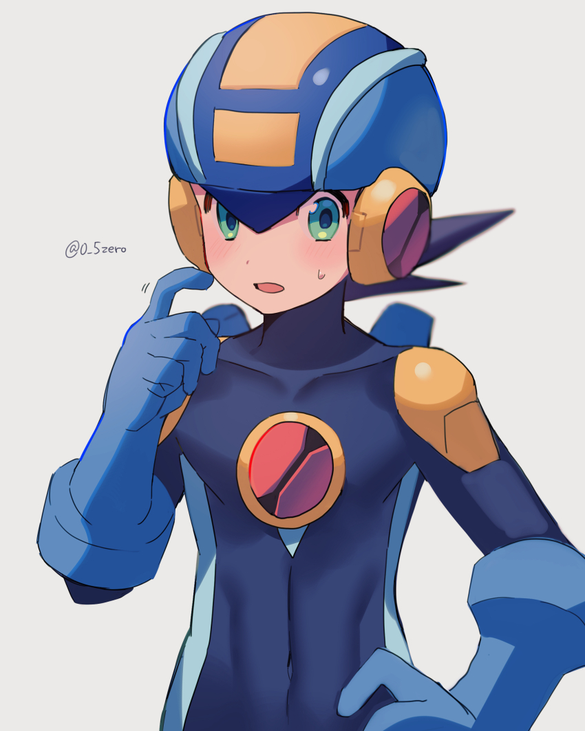 1boy absurdres blue_bodysuit blue_headwear blue_helmet blurry bodysuit brown_hair covered_collarbone covered_navel depth_of_field green_eyes hand_on_own_hip hand_up helmet highres looking_at_viewer male_focus mega_man_(series) mega_man_battle_network_(series) megaman.exe open_mouth short_hair simple_background solo spiked_hair sweatdrop twitter_username upper_body white_background zero-go