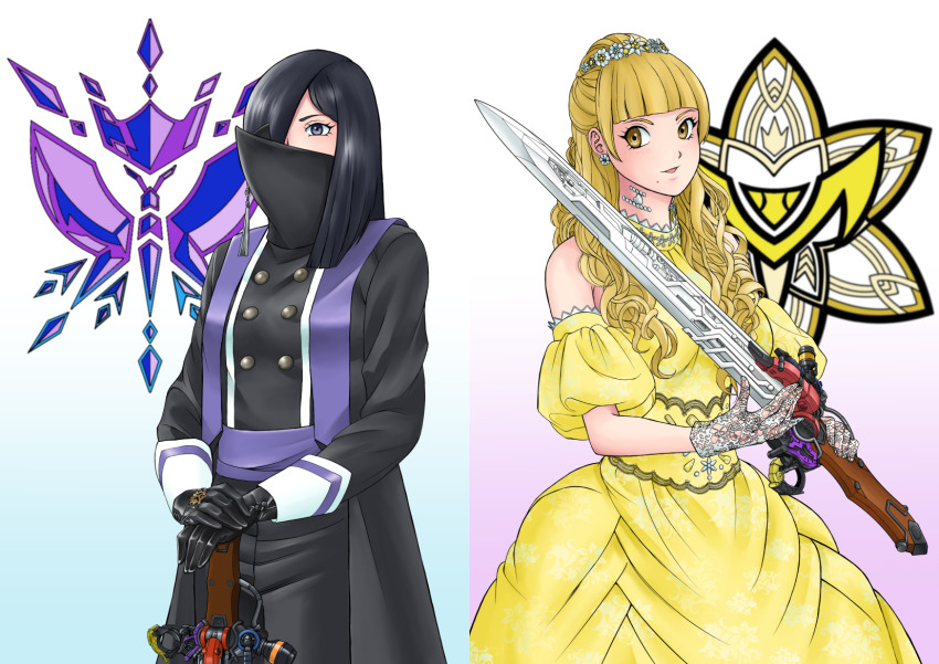 2girls black_hair blonde_hair cloak_covering_mouth crown dress highres iwa kanisuka_rita multiple_girls ohsama_sentai_king-ohger princess purple_eyes queen ran_himeno super_sentai sword tiara weapon weapons yellow_eyes