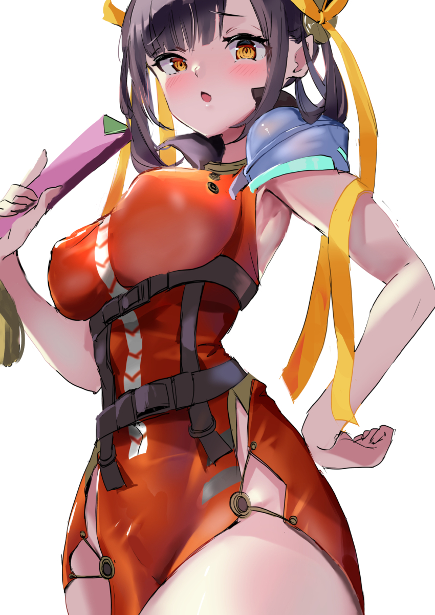 1girl armor black_hair breasts chest_harness china_dress chinese_clothes dress hair_ribbon hand_fan harness heaven_burns_red highres holding large_breasts li_yingxia looking_at_viewer no53_(pixiv_77486930) orange_eyes pelvic_curtain ribbon shoulder_armor side_slit sleeveless yellow_ribbon