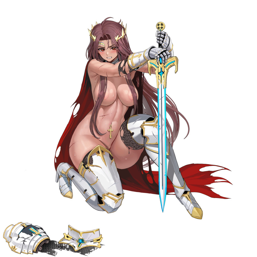 1girl ahoge armor armored_boots armpit_crease blush boots breasts broken broken_armor broken_crown broken_sword broken_weapon cape circlet clenched_teeth convenient_censoring covered_erect_nipples cross cuisses dark-skinned_female dark_skin defeat ear_piercing full_body game_cg gauntlets gold_trim gorget greaves highres holding holding_sword holding_weapon injury knight large_areolae large_breasts last_origin linea_alba lips long_hair looking_at_viewer machinery naked_armor navel navel_piercing official_alternate_costume official_art on_one_knee partially_visible_vulva pauldron_removed pauldrons piercing poleyn prester_johanna red_cape red_eyes red_hair sabaton scratches shoulder_armor single_pauldron single_tear skindentation solo sweat sword tachi-e taesi teeth thick_eyebrows thick_thighs thighs torn_cape torn_clothes transparent_background vambraces very_long_hair warrior weapon white_armor