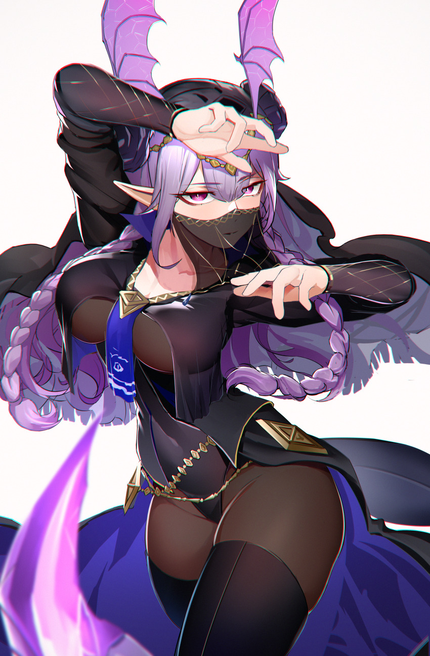 1girl absurdres arknights arm_up black_pantyhose braid breasts commentary_request cowboy_shot dun_ji grey_background head_wings highres large_breasts long_hair looking_at_viewer manticore_(arknights) manticore_(under_a_veil)_(arknights) mouth_veil official_alternate_costume pantyhose pointy_ears purple_eyes purple_hair simple_background solo standing thighs twin_braids veil very_long_hair wings