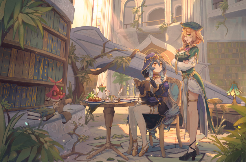 2girls bare_shoulders black_gloves blonde_hair blue_hair book braid breasts dress genshin_impact gloves green_eyes highres jewelry jishou_kusaboukun layla_(genshin_impact) lisa_(a_sobriquet_under_shade)_(genshin_impact) lisa_(genshin_impact) long_hair medium_breasts multiple_girls necklace pantyhose shoes sitting skindentation small_breasts standing thigh_strap very_long_hair white_pantyhose yellow_eyes