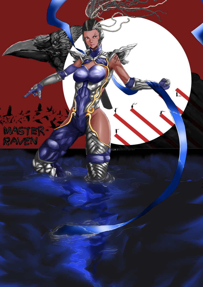 1girl absurdres armor bird black_hair breasts crow dark-skinned_female dark_skin dreadlocks female_focus full_body grey_hair highres hip_vent lips long_hair master_raven medium_breasts multicolored_hair namco ninja oreoreon scar scar_across_eye scar_on_face solo tekken tekken_7 very_dark_skin wading