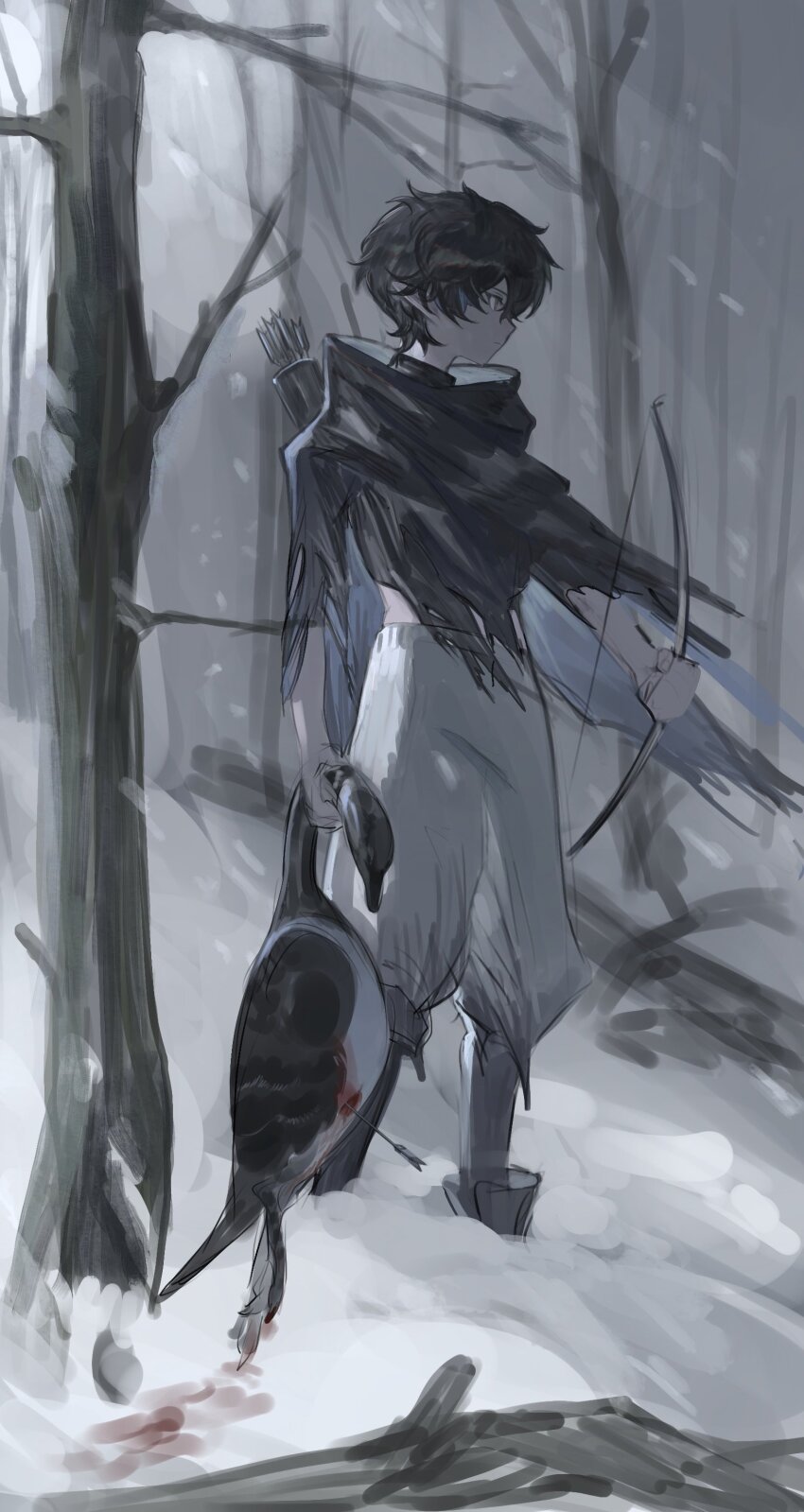 1boy absurdres animal arknights arrow_(projectile) bird black_cape black_hair blood bow_(weapon) cape child dead_animal faust_(arknights) from_side highres holding holding_animal holding_bird holding_bow_(weapon) holding_weapon hunting male_focus outdoors pants pointy_ears short_hair sketch snow snowing solo stork torn_cape torn_clothes weapon white_pants winter yomotobi