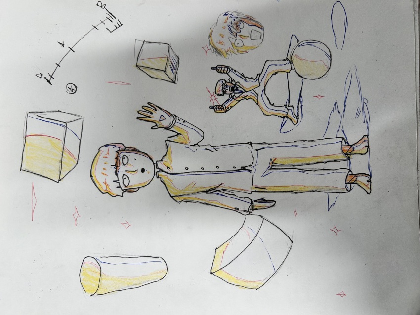 2boys ?_block absurdres barefoot exif_rotation floating highres kageyama_shigeo levitation limited_palette looking_at_another male_focus mob_psycho_100 multiple_boys non-web_source oktoberfools pants perspective reigen_arataka school_uniform shadow sparkle star_(symbol) timetable traditional_media