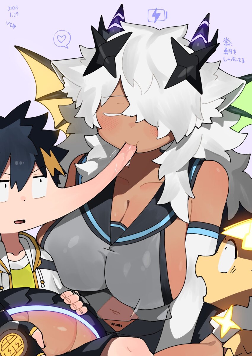 1boy 2girls animal_ears battery_indicator breasts charging_device cleavage dark-skinned_female dark_skin dragon dragon_girl dragon_horns dragon_wings fluffy_hair grey_background hair_over_one_eye heart highres horns itoriyo large_breasts long_hair multiple_girls mun-chan_(itoriyo) nakamura_yuto navel raisei_no_ryu_tsukai san-chan simple_background white_hair wings
