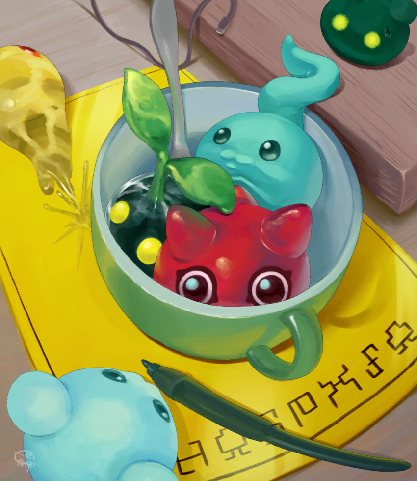 animal_focus black_eyes botamon chicomon cup digimon digimon_(creature) digimon_adventure enrike_(enrique_mr_blue) fisheye from_above highres in_container in_cup no_humans nyokimon paper pen punimon signature spoon sprout sweatdrop yukimibotamon zurumon
