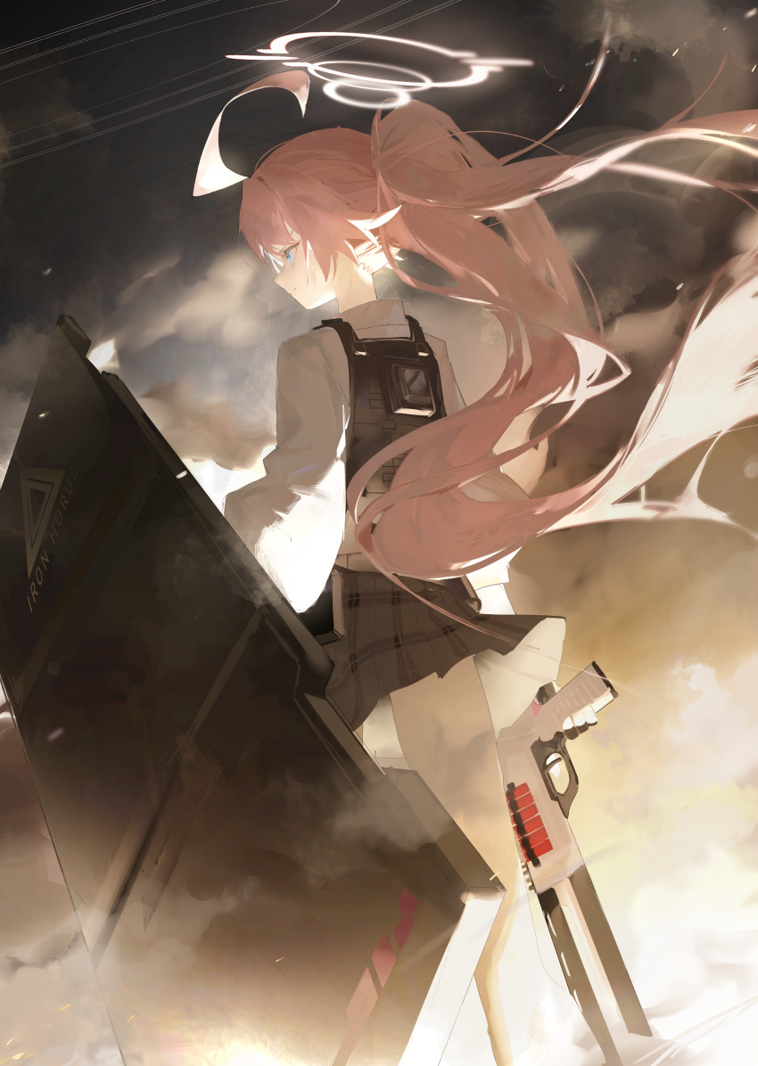 &gt;:( absurdres ahoge ballistic_shield beretta_1301 black_skirt blue_archive blue_eyes bulletproof_vest cloud cloudy_sky collared_shirt commentary dress_shirt from_behind gun halo highres holding holding_gun holding_weapon hoshino_(blue_archive) huge_ahoge kyoro_ina long_hair long_sleeves looking_afar miniskirt pink_hair pink_halo plaid_clothes plaid_skirt pleated_skirt ponytail puffy_long_sleeves puffy_sleeves shield shirt shotgun skirt sky sunset v-shaped_eyebrows very_long_hair weapon white_shirt wind yellow_eyes