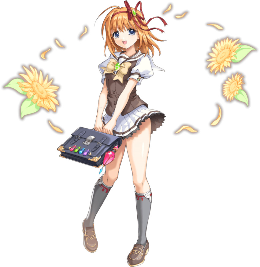 1girl artist_request bare_legs blue_eyes bow breasts brown_shoes buttons falling_petals flower full_body fuyou_kaede game_cg hair_ribbon highres legend_clover miniskirt official_art open_mouth orange_hair petals red_ribbon ribbon shoes short_hair short_sleeves shuffle! skirt solo sunflower third-party_source transparent_background yellow_bow