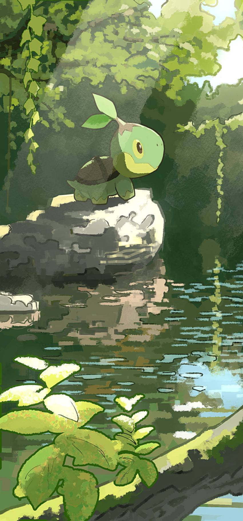 absurdres branch bright_pupils closed_mouth commentary_request from_side gen_4_pokemon highres houkou_illust light_rays moss nintendo no_humans pokemon pokemon_(creature) rock solo standing turtwig water