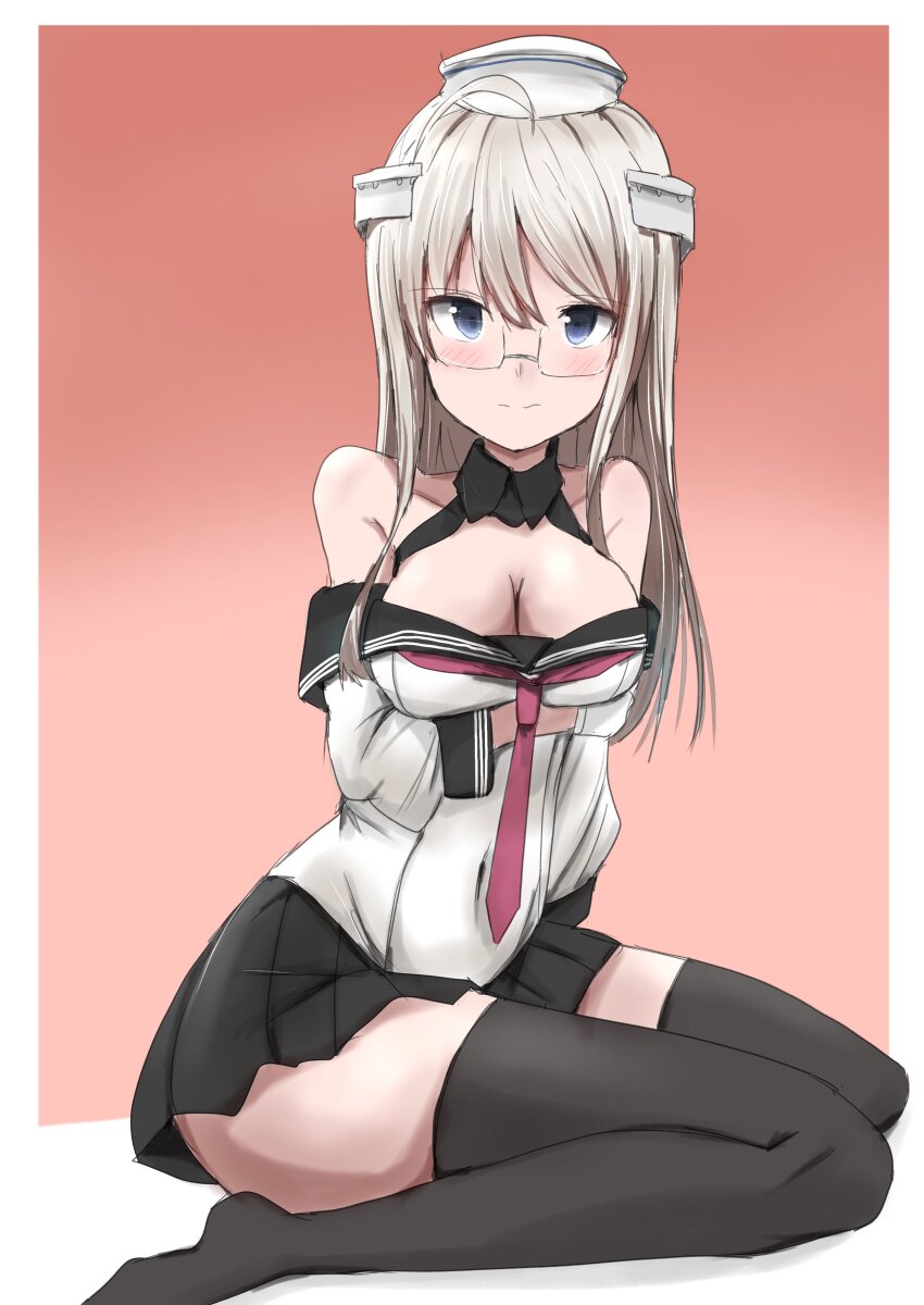 1girl absurdres ahoge black_sailor_collar black_skirt black_thighhighs breasts cleavage full_body glasses gradient_background grey_eyes hat headgear heywood_l._edwards_(kancolle) highres kamaboko_senshi kantai_collection long_sleeves looking_at_viewer medium_breasts neckerchief off-shoulder_shirt off_shoulder pink_neckerchief pleated_skirt red_background sailor_collar sailor_hat sailor_shirt school_uniform serafuku shirt sitting skirt solo thighhighs wariza white_hair white_hat white_shirt