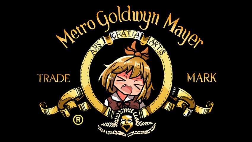 &gt;_&lt; 1girl blonde_hair closed_eyes english_text fang hair_ornament highres kasuya_baian latin_text metro-goldwyn-mayer open_mouth parody roaring short_hair solo toramaru_shou touhou upper_body v-shaped_eyebrows