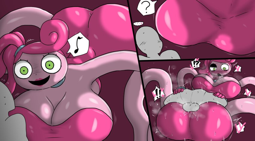 ! !! !? 1boy 1girl absurdres ass bald breasts colored_skin english_text enigi09 green_eyes grey_skin heart highres huge_breasts long_hair lying mating_press mommy_long_legs ponytail poppy_playtime size_difference speech_bubble testicles