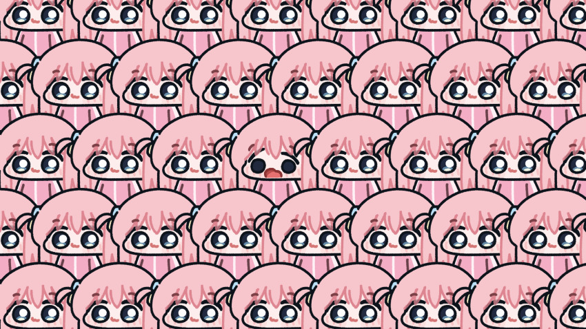 1girl :3 blank_stare blue_eyes bocchi_the_rock! closed_mouth commentary english_commentary gotoh_hitori hair_ornament highres jacket long_hair looking_at_viewer lulalang multiple_views odd_one_out one_side_up open_mouth pink_hair pink_jacket too_many