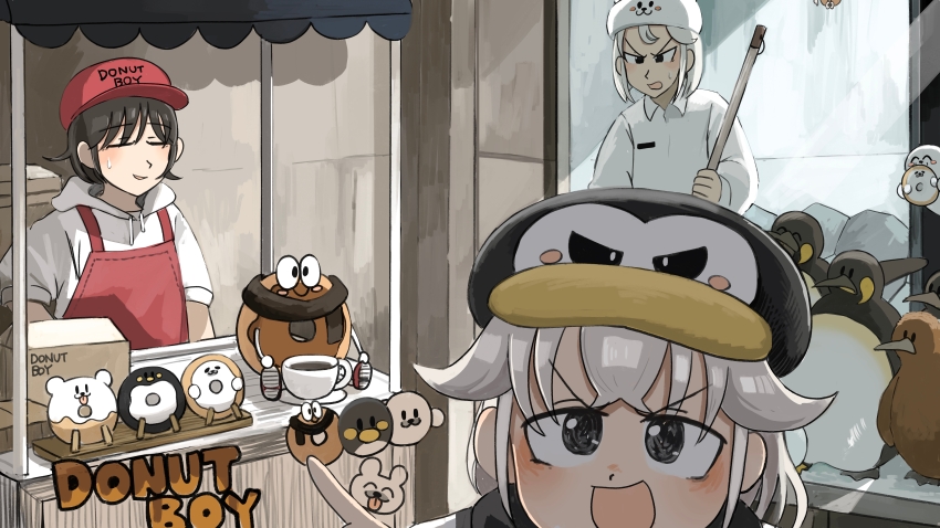 3girls :d absurdres animal-themed_food bird black_hair black_scarf closed_eyes commentary diva_(hyxpk) donut donut_stamp doughnut_seller_(diva) duck english_commentary food grey_eyes grey_hair hat highres hood hood_down hoodie king_penguin multiple_girls open_mouth overalls penguin penguin_hat penguin_keeper_(diva) polar_bear_keeper_(diva) red_hat red_overalls scarf seal_puppet shirt short_hair slice_of_life smile sweatdrop white_hat white_hoodie white_shirt zoo zookeeper zookeepers_(diva)