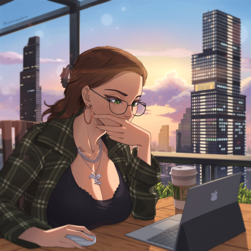 1girl black_shirt breast_rest breasts breasts_on_table brown_hair building cafe cleavage commentary computer computer_mouse covering_own_mouth cup cyansapphire disposable_coffee_cup disposable_cup dress_shirt earrings english_commentary forehead glasses green_hair hand_over_own_mouth highres hoop_earrings jewelry laptop large_breasts leaning_forward long_hair necklace original plaid_clothes plaid_shirt shirt sitting skyline skyscraper solo sunset table twitter_username