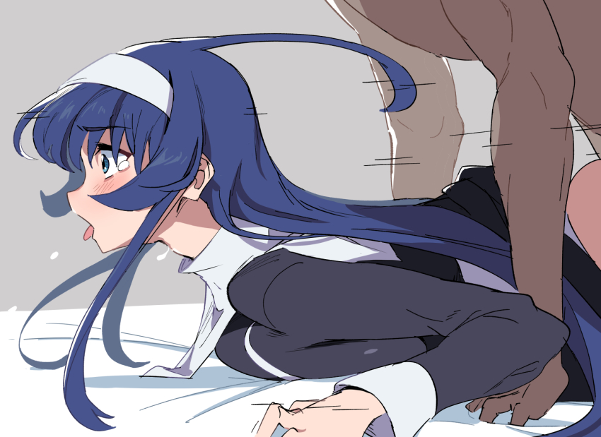 1boy 1girl ahoge blue_eyes blue_hair blush dress grey_background hairband huge_ahoge long_hair nun open_mouth orie_ballardiae_harada sex sex_from_behind tongue tongue_out touniyuu under_night_in-birth very_long_hair white_hairband