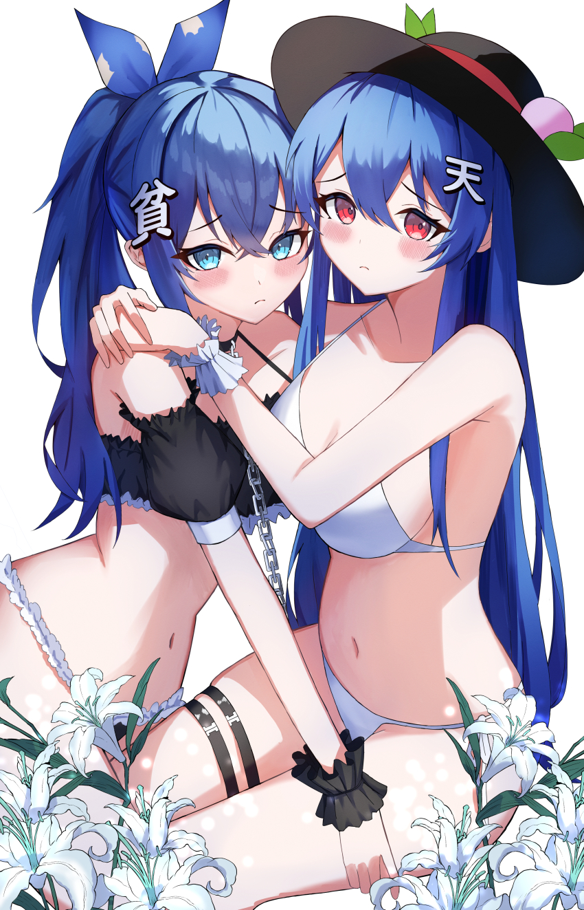 2girls absurdres arms_around_neck bikini black_bikini black_sleeves blue_bow blue_hair blush bow breasts cleavage closed_mouth commentary_request crossed_bangs detached_sleeves feet_out_of_frame flower frilled_bikini frills frown hair_between_eyes hair_bow hat hat_ornament high_ponytail highres hinanawi_tenshi kaminose_(user_veum4325) kanji_hair_ornament leaf_hat_ornament long_bangs long_hair looking_at_viewer medium_breasts multiple_girls navel peach_hat_ornament ponytail puffy_detached_sleeves puffy_sleeves raised_eyebrows red_eyes seiza simple_background sitting swimsuit thigh_strap touhou very_long_hair white_background white_bikini white_flower wrist_cuffs yorigami_shion