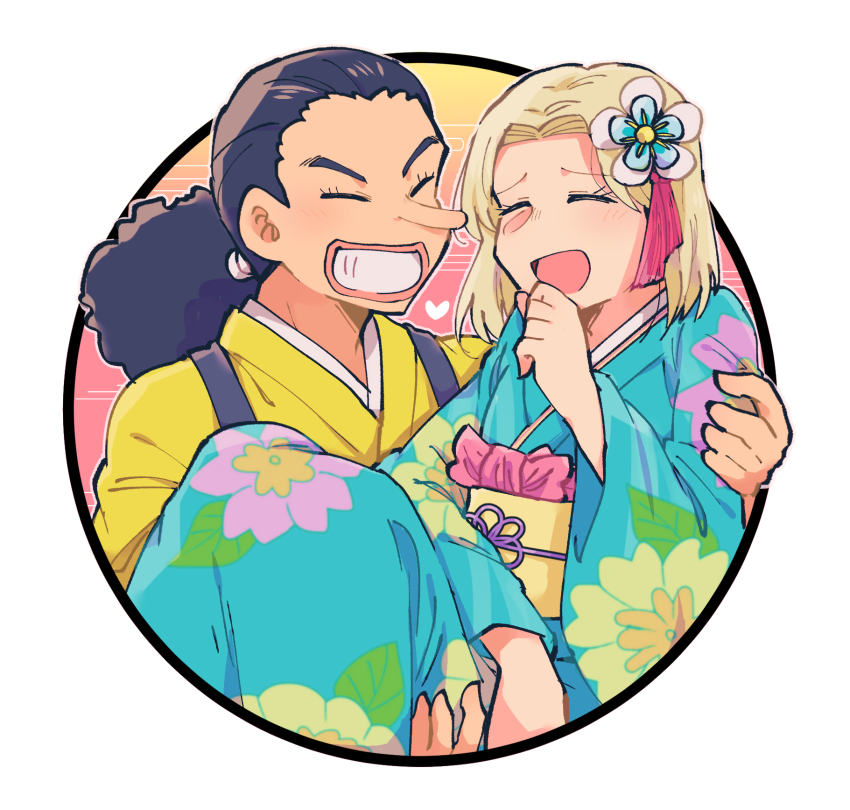 1boy 1girl ^_^ blue_kimono blush bob_cut carrying carrying_person circle close-up closed_eyes commentary_request floral_print floral_print_kimono hair_ornament hair_tie highres japanese_clothes kaya_(one_piece) kimono long_nose mokonako one_piece open_mouth ponytail print_kimono sash usopp yellow_kimono yellow_sash