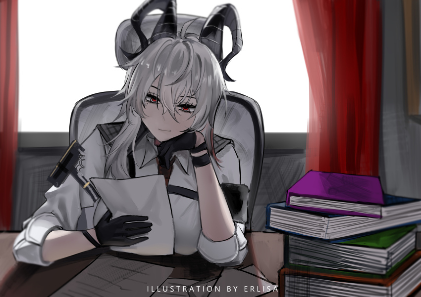 1girl absurdres arm_pouch armband artist_name bags_under_eyes black_armband black_gloves black_horns black_pouch book book_stack breasts chest_harness collared_shirt commentary curled_horns curtains desk elbow_rest english_commentary erlisa_takanashi gloves grey_hair hair_between_eyes harness highres holding holding_paper horns indoors large_breasts long_hair mole mole_under_eye multicolored_hair necktie paper red_eyes red_necktie shirt solo streaked_hair white_shirt window wuthering_waves zani_(wuthering_waves)