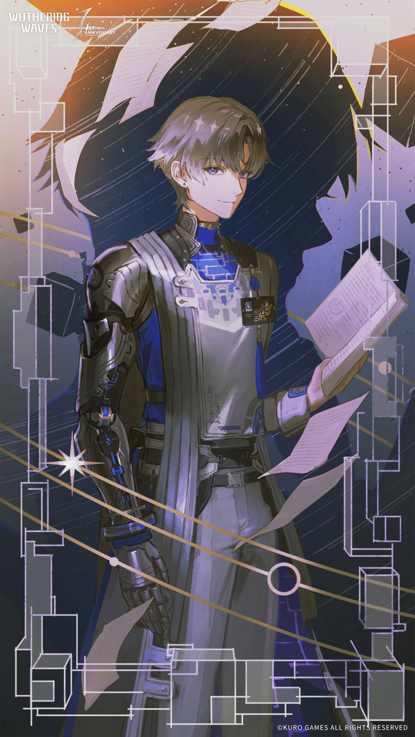 1boy absurdres blue_eyes blue_shirt book brown_hair closed_mouth coat commentary copyright_notice cowboy_shot english_commentary highres holding holding_book id_card kkia logo looking_at_viewer male_focus mechanical_arms mechanical_hands official_art open_book pants second-party_source shirt short_hair single_mechanical_arm single_mechanical_hand smile solo white_coat white_pants wuthering_waves xiangli_yao