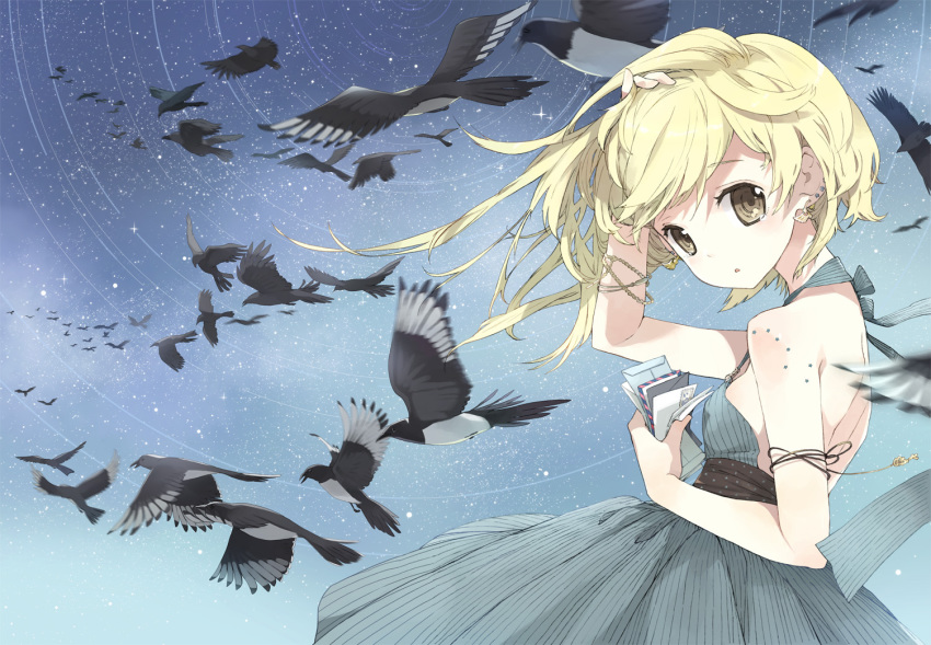 bare_shoulders bird blonde_hair brown_eyes dress earrings jewelry letter night original solo star_(symbol) tiv