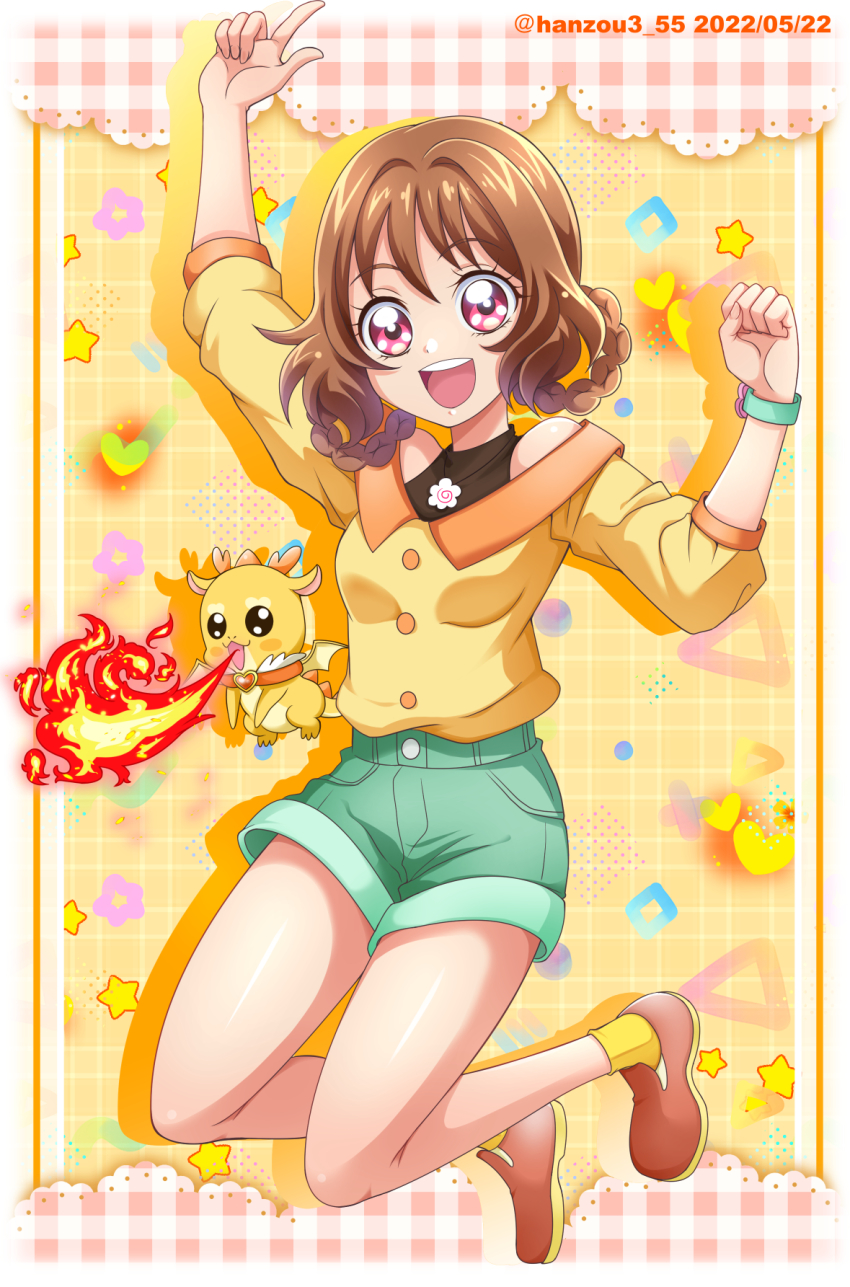 1girl blouse breasts brown_footwear brown_hair dated delicious_party_precure dragon fire food girl_and_dragon green_shorts hair_between_eyes hair_rings hanamichi_ran hanzou highres jumping kamaboko long_sleeves mem-mem_(precure) narutomaki neckerchief open_mouth precure red_eyes shirt shorts small_breasts smartwatch smile socks twitter_username wristwatch yellow_background yellow_legwear yellow_shirt