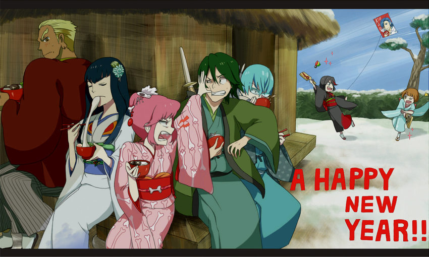 10s 3boys 4girls adapted_costume anko_(tkg0705) anzu_(tkg0705) black_hair blonde_hair blue_hair brown_hair eating food gamagoori_ira green_hair guts_(kill_la_kill) hagoita hair_ornament hand_on_another&#039;s_face hanetsuki haori highres inumuta_houka jakuzure_nonon japanese_clothes junketsu kill_la_kill kimono kiryuuin_satsuki kite mankanshoku_mako matoi_ryuuko mikisugi_aikurou multiple_boys multiple_girls obi paddle pink_hair sanageyama_uzu sash senketsu sitting