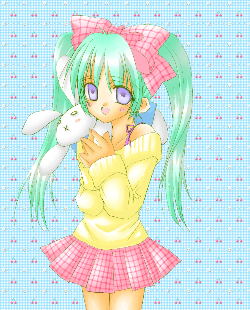 1girl 2000s_(style) animal animal_on_shoulder blue_background blush bow cherry commentary food fruit gingham gingham_background gingham_bow gingham_skirt green_hair hair_bow hands_up happy highres holding holding_stuffed_toy kochomi long_hair looking_at_viewer miniskirt mixed_media off-shoulder_sweater off_shoulder open_mouth original own_hands_together pink_bow pink_skirt purple_eyes skirt smile solo standing stuffed_animal stuffed_rabbit stuffed_toy sweater twintails upper_body white_rabbit_(animal) yellow_sweater