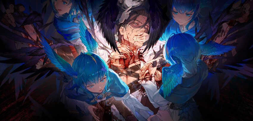1boy 5girls adventurer_(ff14) bird_wings bleeding blood blood_on_clothes blood_on_face blue_capelet blue_eyes blue_hair brown_hair capelet eboda-x feathers final_fantasy final_fantasy_xiv fingerless_gloves gloves hair_slicked_back head_wings highres male_focus meteion multiple_girls scar scar_on_face short_hair torn_clothes viper_(final_fantasy) warrior_of_light_(ff14) wings
