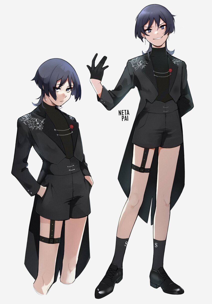 1boy arm_behind_back artist_name black_footwear black_gloves black_hair black_jacket black_shirt black_shorts black_socks commentary cropped_legs cross-laced_footwear earrings embroidery english_commentary eyeliner flipped_hair flower formal_clothes garter_straps genshin_impact gloves grin hand_up hands_in_pockets highres jacket jewelry looking_at_viewer makeup male_focus multiple_views netapai1 outstretched_arm purple_eyes purple_hair red_flower red_rose rose scaramouche_(genshin_impact) shirt shoes short_hair shorts simple_background single_garter_strap smile socks standing tailcoat thigh_strap turtleneck white_background