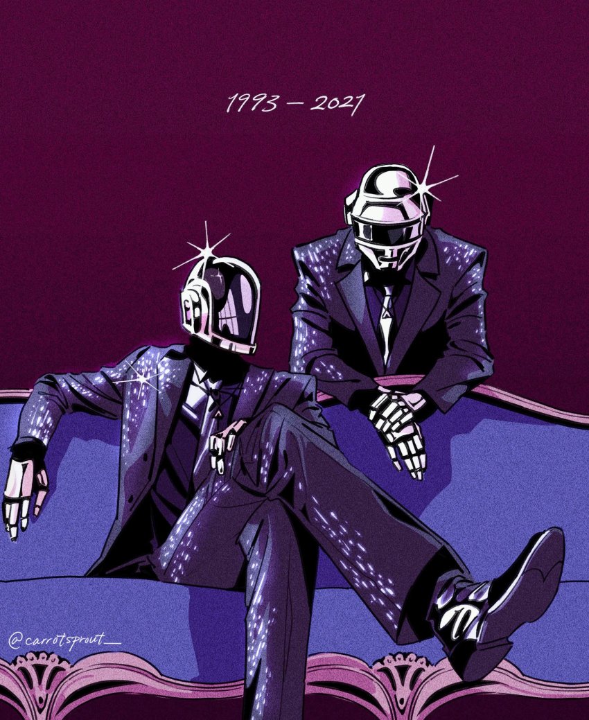 2boys black_footwear black_jacket black_legwear black_pants blue_couch carrotsprout couch daft_punk dated gloves guy_manuel_de_homem-christo helmet highres jacket leaning_on_person crossed_legs motorcycle_helmet multiple_boys necktie pants real_life red_background skeleton_print thomas_bangalter