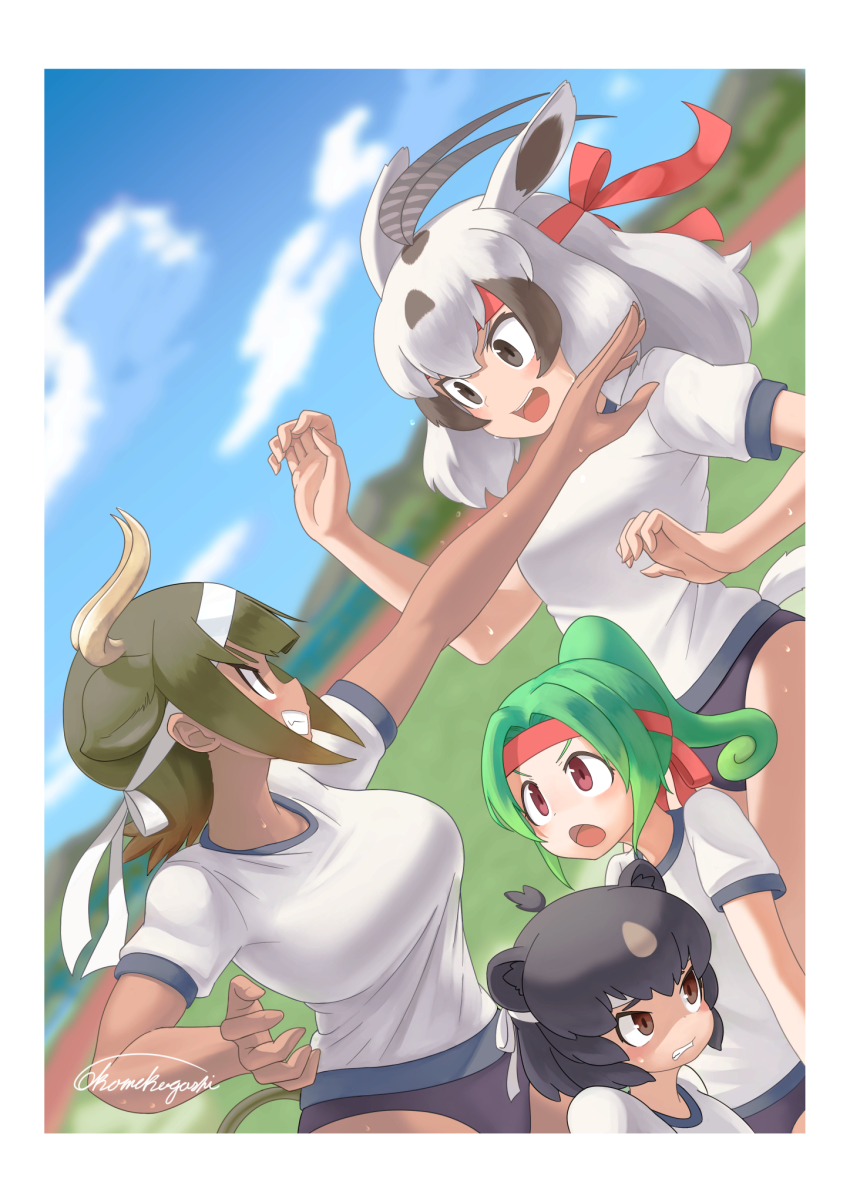 4girls :d alternate_costume animal_ears antenna_hair arabian_oryx_(kemono_friends) aurochs_(kemono_friends) bare_arms bear_ears black_eyes blurry blurry_background border brown_eyes brown_hair buruma carrying clenched_teeth commentary_request cow_ears cow_girl cow_horns cow_tail curled_horns curly_hair dark-skinned_female dark_skin dutch_angle extra_ears furrowed_brow gazelle_ears green_hair grin hachimaki headband high_ponytail highres horns japanese_black_bear_(kemono_friends) kemono_friends long_hair looking_at_another looking_up medium_hair multicolored_hair multiple_girls okome_kogashi open_mouth outstretched_arm panther_chameleon_(kemono_friends) ponytail red_eyes shaded_face shirt short_sleeves signature smile sportswear sweat tail taut_clothes taut_shirt teeth two-tone_hair v-shaped_eyebrows white_border white_hair