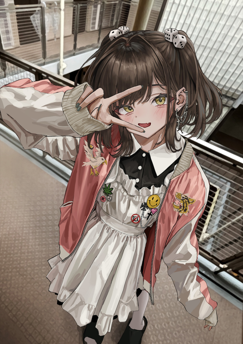 1girl :d absurdres animal_print apron arm_at_side badge bird bird_print black_dress black_sandals blush brown_eyes brown_hair button_badge cross cross_earrings dice_hair_ornament dress eagle ear_chain ear_piercing earrings fang from_above gishiki_(gshk) grey_nails hair_ornament head_tilt heart highres iron_cross jacket jewelry letterman_jacket long_sleeves looking_at_viewer maid maid_apron marijuana medium_hair open_clothes open_jacket open_mouth original pantyhose peace_symbol photo_background piercing pixel_heart red_jacket sandals skin_fang sleeves_past_wrists slides smile smiley_face solo standing sukajan tiger_print two_side_up v v_over_eye white_apron white_pantyhose wing_collar