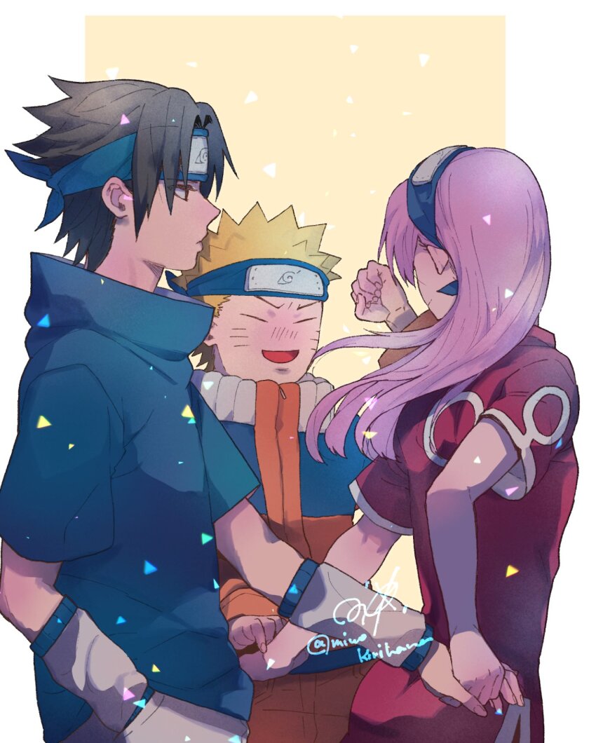 1girl 2boys black_hair blonde_hair blue_shirt closed_eyes closed_mouth detached_sleeves dress facial_mark forehead_protector hand_in_pocket haruno_sakura highres holding_hands jacket konohagakure_symbol long_hair looking_at_another miwokirihana multiple_boys naruto_(classic) naruto_(series) open_mouth orange_jacket pink_hair red_dress shirt short_hair short_sleeves signature spiked_hair twitter_username uchiha_sasuke uzumaki_naruto whisker_markings