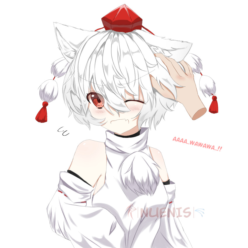 animal_ears hat highres inubashiri_momiji mountain_of_faith nuenis original pom_pom_(clothes) red_eyes red_hat short_hair tokin_hat touhou wolf_ears wolf_girl
