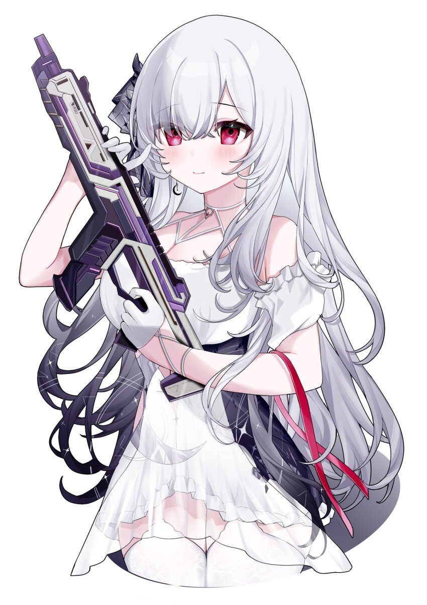 1girl apex_legends assault_rifle bare_shoulders black_hair blush breasts cleavage closed_mouth commentary_request crescent crescent_earrings crossed_bangs dress duchi0356 earendel_(jishenkong_jihua) earrings gloves gradient_hair gun hair_between_eyes halter_dress halterneck hand_up highres holding holding_gun holding_weapon jewelry jishenkong_jihua large_breasts long_hair looking_at_viewer multicolored_hair off-shoulder_dress off_shoulder r-301_carbine red_eyes red_ribbon ribbon rifle see-through_clothes see-through_dress simple_background single_earring solo standing thighhighs thighs very_long_hair virtual_youtuber weapon white_background white_dress white_gloves white_hair white_thighhighs