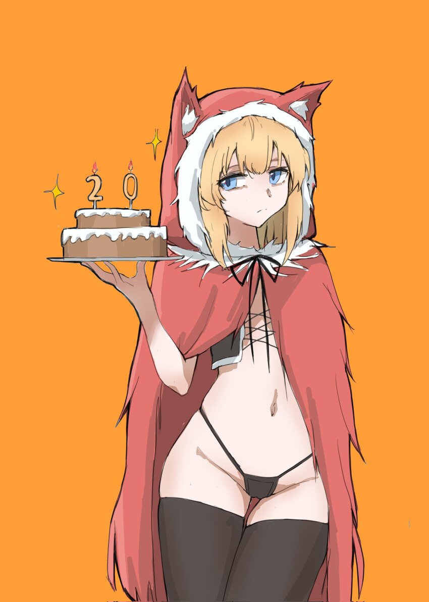 1girl animal_ears black_panties black_souls black_souls_2 black_thighhighs blue_eyes cake candle cape chinese_commentary closed_mouth commentary_request fake_animal_ears food highleg highleg_panties highres hood hooded_cape long_hair looking_at_viewer navel number_candle orange_background panties red_cape red_hood_(black_souls) simple_background solo stomach thighhighs underwear wrangelina