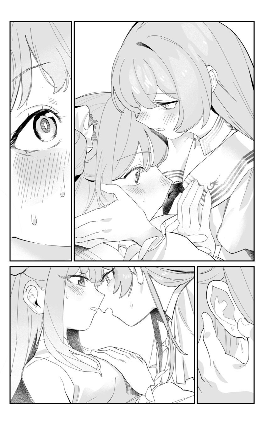 2girls blue_archive blush commentary_request grabbing_another&#039;s_breast greyscale groping hair_bun highres imminent_kiss long_hair mika_(blue_archive) monochrome multiple_girls nagisa_(blue_archive) parted_lips single_side_bun sweat umiwashi yuri