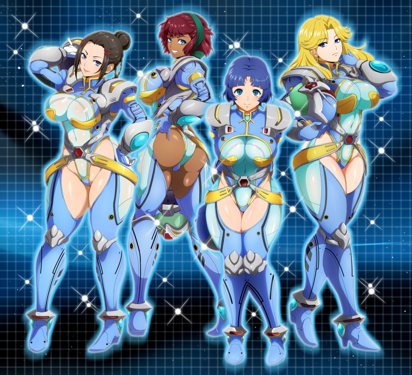 4girls ass blonde_hair blue_eyes blue_hair bodysuit breasts brown_hair chaps dark-skinned_female dark_skin grin helmet high_ponytail highres kusuha_mizuha large_breasts leona_garstein long_hair multiple_girls ponytail raburebo red_hair ricarla_borgnine rio_meilong smile super_robot_wars super_robot_wars_alpha