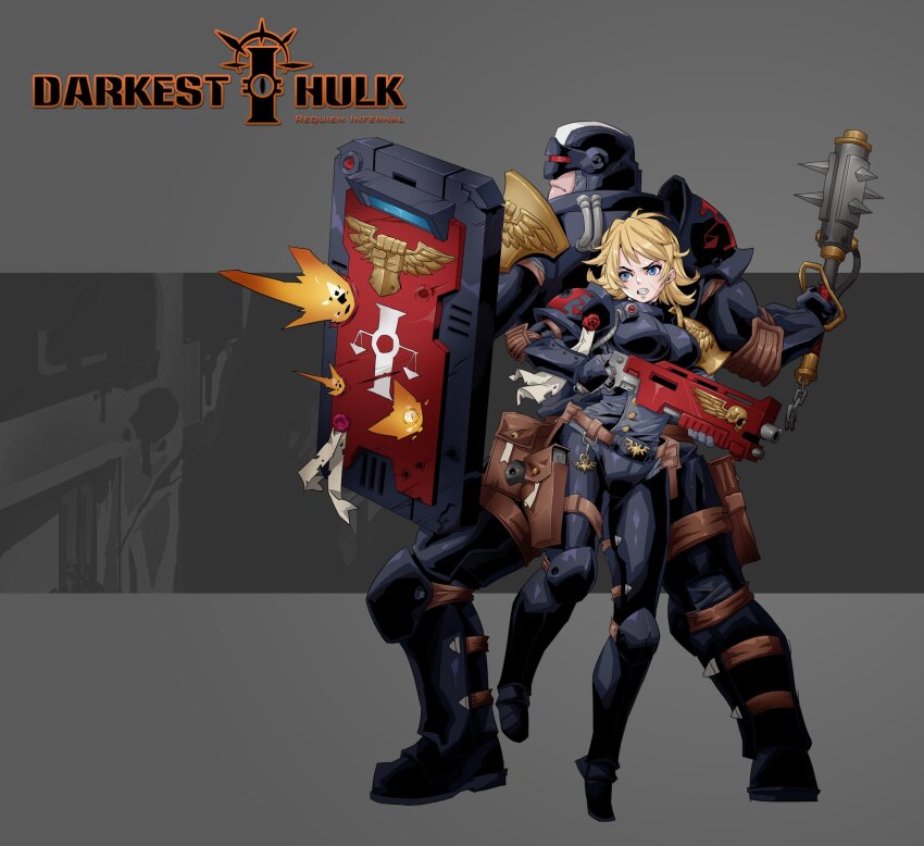 1boy 1girl adeptus_arbites ballistic_shield blonde_hair blue_eyes chain darkest_dungeon gun handgun helmet highres mace purity_seal riot_shield rmulderz scar scar_on_face shield shotgun skull spiked_mace spikes warhammer_40k weapon