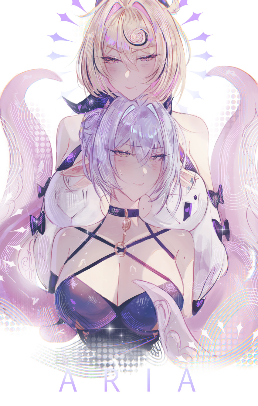 2girls a_r_i_a absurdres accessories afterimage animal_ears artist_name bare_shoulders black_bow black_bra black_hat black_horns black_sleeves blonde_hair blue_hair blush bow bra breasts chin_rest choker cleavage closed_mouth commentary dotted_background ear_wiggle earrings goat_ears goat_girl goat_horns hair_between_eyes hair_intakes hat head_on_head head_rest highres horizontal_pupils horns jewelry key key_choker large_breasts looking_at_viewer lucia_elowen mole mole_on_arm mole_on_breast mole_under_mouth monster_girl multiple_girls pointy_ears purple_eyes scylla shirt short_hair single_sleeve smile sparkle sweat tentacle_girl tentacle_tail tentacles underwear upper_body white_background white_shirt yellow_eyes yidhari_murphy zenless_zone_zero