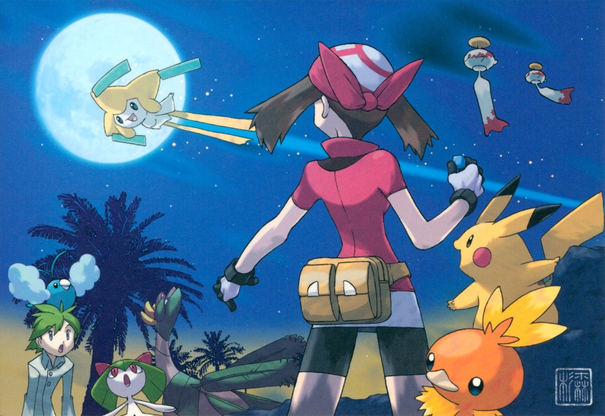 00s 1boy 1girl 6+others absurdres chimecho gen_1_pokemon gen_3_pokemon highres jirachi kirlia legendary_pokemon looking_at_another may_(pokemon) moon multiple_others mythical_pokemon night night_sky nintendo official_art palm_tree pikachu pokemon pokemon_(creature) pokemon_rse sky smile star_(sky) sugimori_ken swablu torchic tree tropius wally_(pokemon)