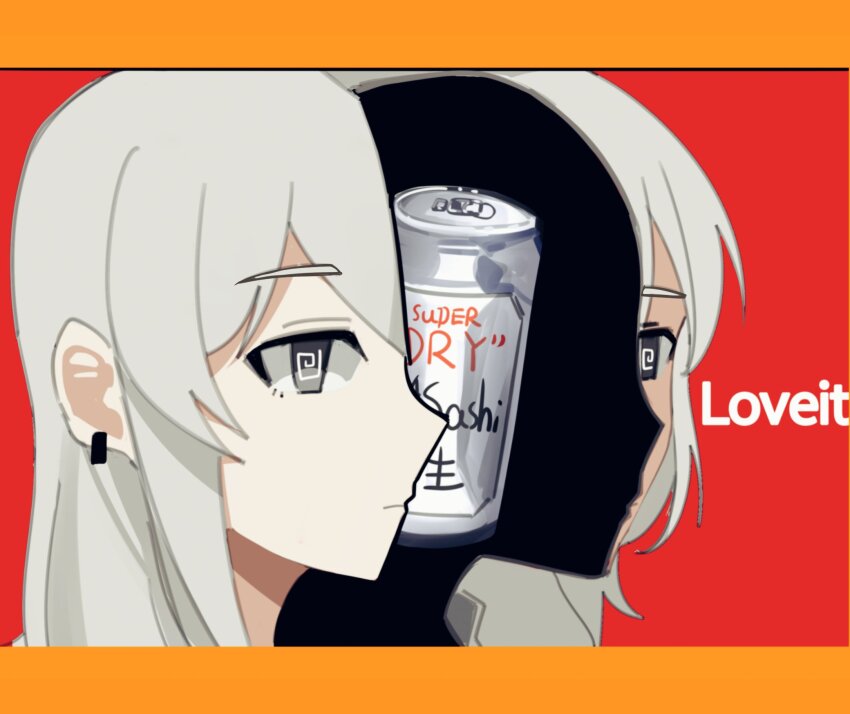 1girl @_@ asahi_breweries closed_mouth commentary english_commentary girls_band_cry grey_hair haidao_mao highres kawaragi_momoka long_hair loveit_(vocaloid) solo split_head surreal