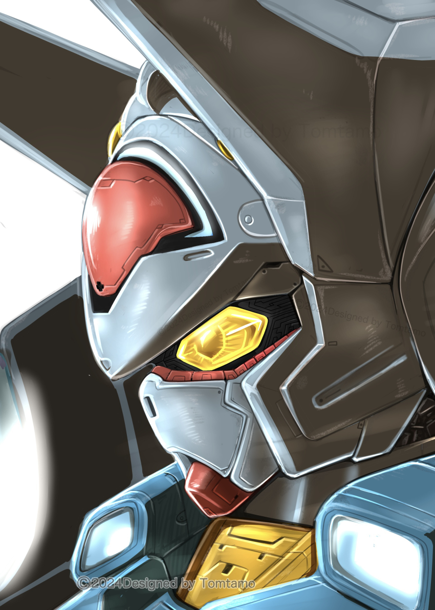 absurdres artist_name commentary_request dated english_text g-self glowing glowing_eyes gundam gundam_g_no_reconguista highres machinery mecha mecha_focus mobile_suit no_humans portrait robot science_fiction signature tomutamo upper_body watermark yellow_eyes