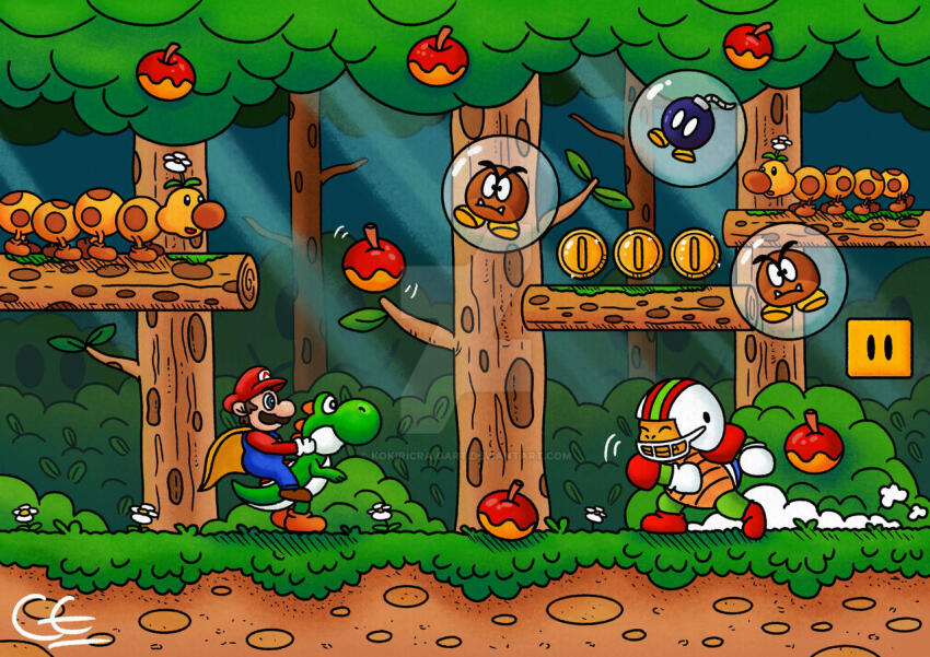 1boy apple cape cape_mario chargin&#039;_chuck coin dinosaur food forest fruit galoomba gold_coin helmet kokiricraigart mario mario_(series) nature nintendo riding sunlight super_mario_world tree wiggler yoshi