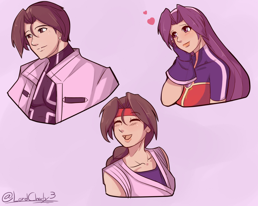1boy 2girls asamiya_athena brown_hair charlyarts highres kusanagi_kyou multiple_girls psycho_soldier purple_hair ryuuko_no_ken the_king_of_fighters the_king_of_fighters_2002 yuri_sakazaki