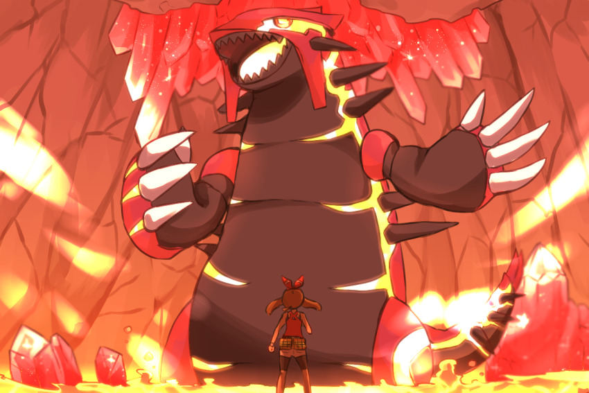 1girl brown_hair cave gen_3_pokemon groudon hair_ribbon lava legendary_pokemon may_(pokemon) mizuto_(o96ap) nintendo pokemon pokemon_(creature) pokemon_oras primal_groudon ribbon shorts standing