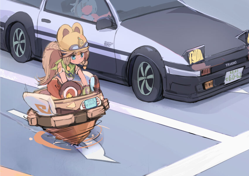 2girls absurdres animal_ear_headwear bandana bandana_around_neck blue_eyes car closed_mouth commentary_request driving fake_animal_ears fujiwara_takumi&#039;s_toyota_trueno_ae86 genshin_impact green_bandana helmet highres hooriyuu initial_d kachina_(genshin_impact) light_brown_hair long_hair motor_vehicle mualani_(genshin_impact) multiple_girls pop-up_headlights riding road toyota toyota_sprinter_trueno